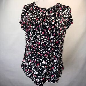Liz Claiborne Career Top Sz S Floral boat neck cap sleeves back Keyhole
